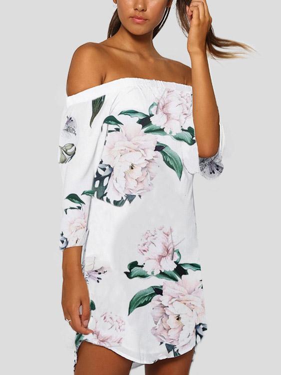 Wholesale White 3/4 Sleeve Length Floral Print Curved Hem Dresses