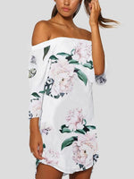 Wholesale White 3/4 Sleeve Length Floral Print Curved Hem Dresses