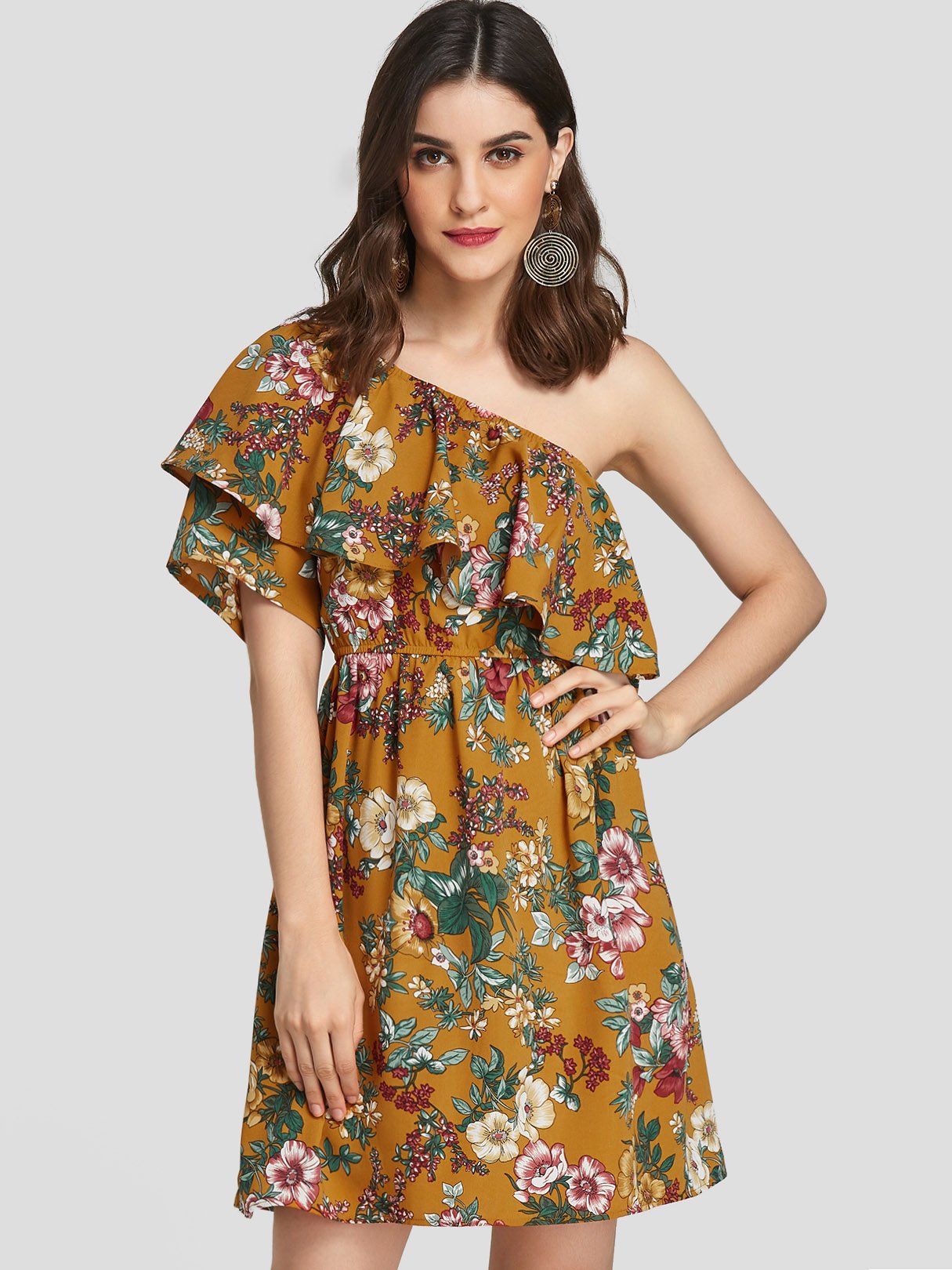Wholesale Yellow Asymmetrical Short Sleeve Floral Print Dresses