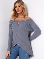 Wholesale Off The Shoulder Plain Crossed Front Hollow Long Sleeve Irregular Hem Grey T-Shirts