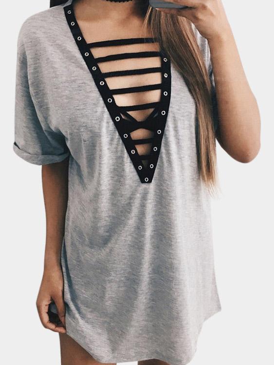 Wholesale Deep V Neck Random Ripped Lace-Up Short Sleeve Grey Dress