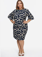 Wholesale Round Neck Floral Print Calico Half Sleeve Navy Plus Size Dresses