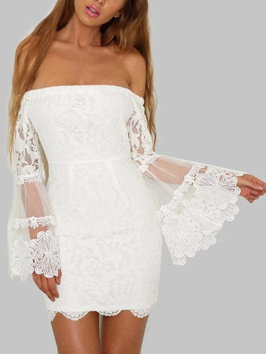 Wholesale White Off The Shoulder Plain Lace Tiered Zip Back Dresses