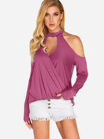 Wholesale Halter Crossed Front Cut Out Long Sleeve Rose T-Shirts