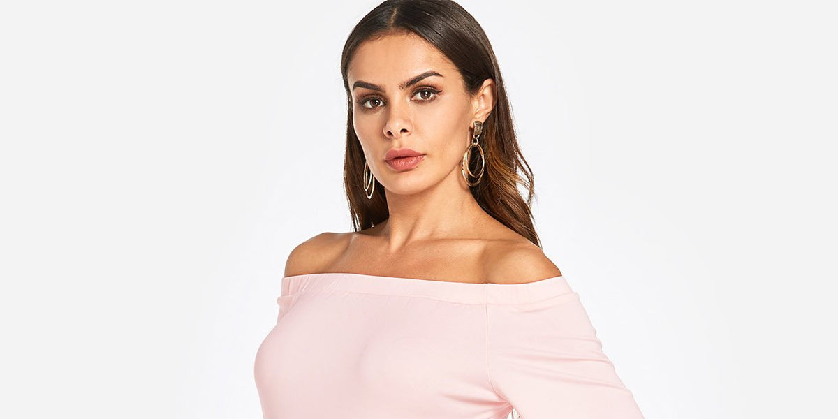 Wholesale Pink Off The Shoulder 3/4 Sleeve Length Plain SelfTie Slit