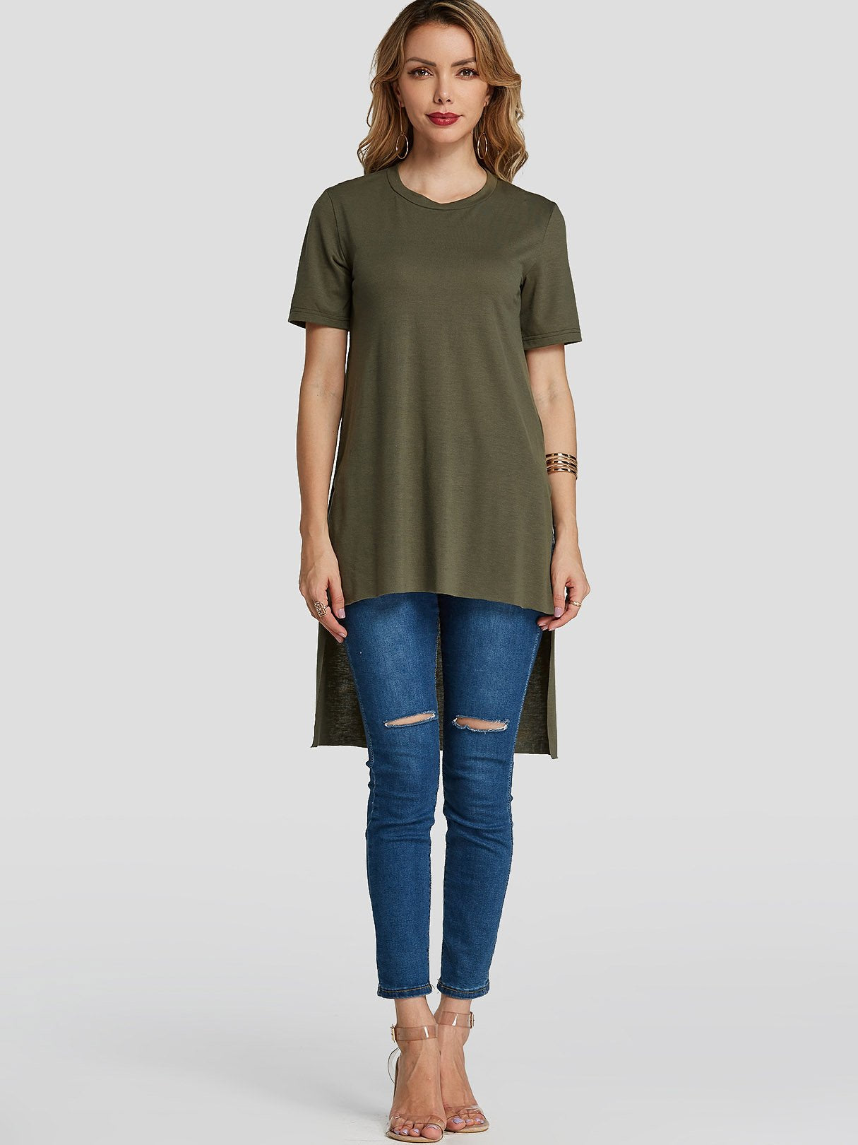 NEW FEELING Womens Army Green T-Shirts