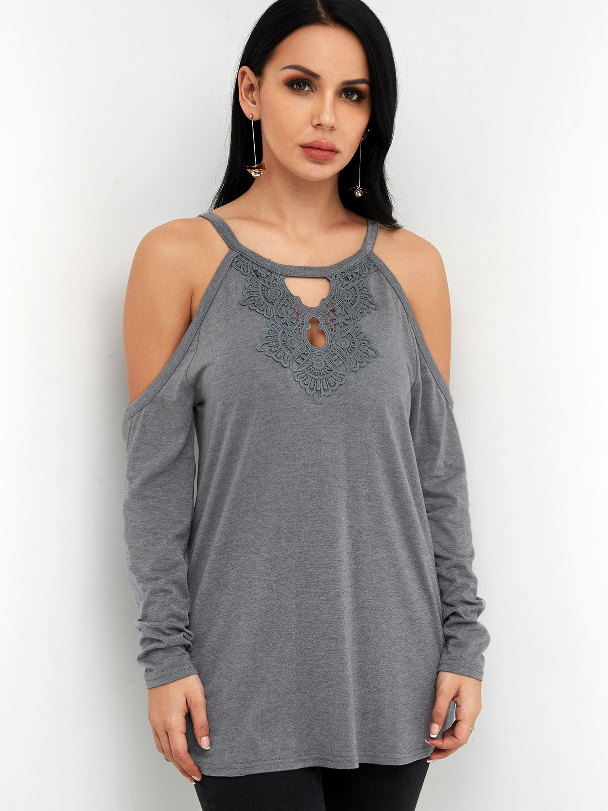 Wholesale Round Neck Cold Shoulder Plain Lace Cut Out Tie-Up Long Sleeve Grey T-Shirts
