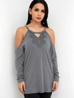 Wholesale Round Neck Cold Shoulder Plain Lace Cut Out Tie-Up Long Sleeve Grey T-Shirts