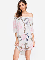 Wholesale White Off Shoulder 3/4 Length Sleeve Floral Print Dresses