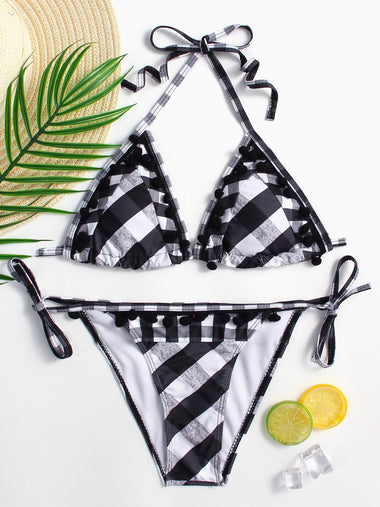 Wholesale Halter Sleeveless Grid Backless Lace-Up Tassel Hem Two Piece Bikinis