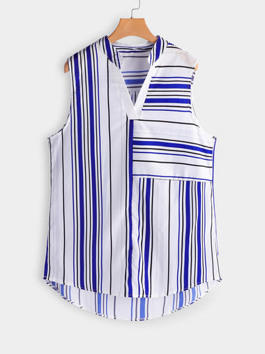 Wholesale V-Neck Stripe Sleeveless Curved Hem Plus Size Tops