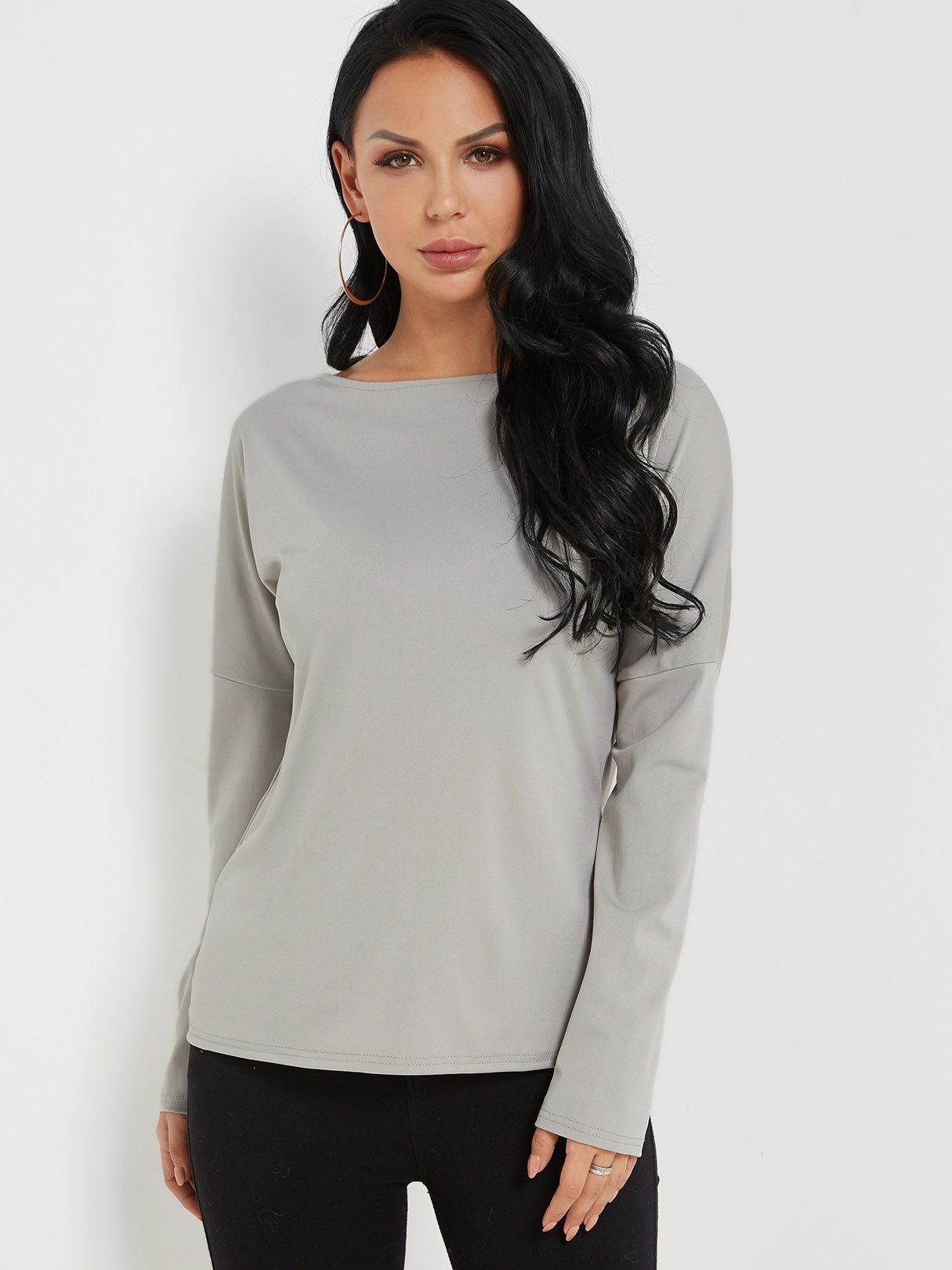 Wholesale Crew Neck Plain Long Sleeve Grey Tee