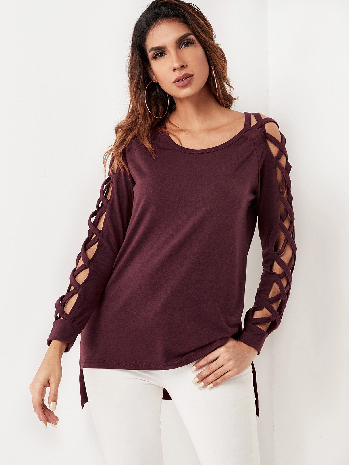 Wholesale Round Neck Lace-Up Long Sleeve Burgundy T-Shirts