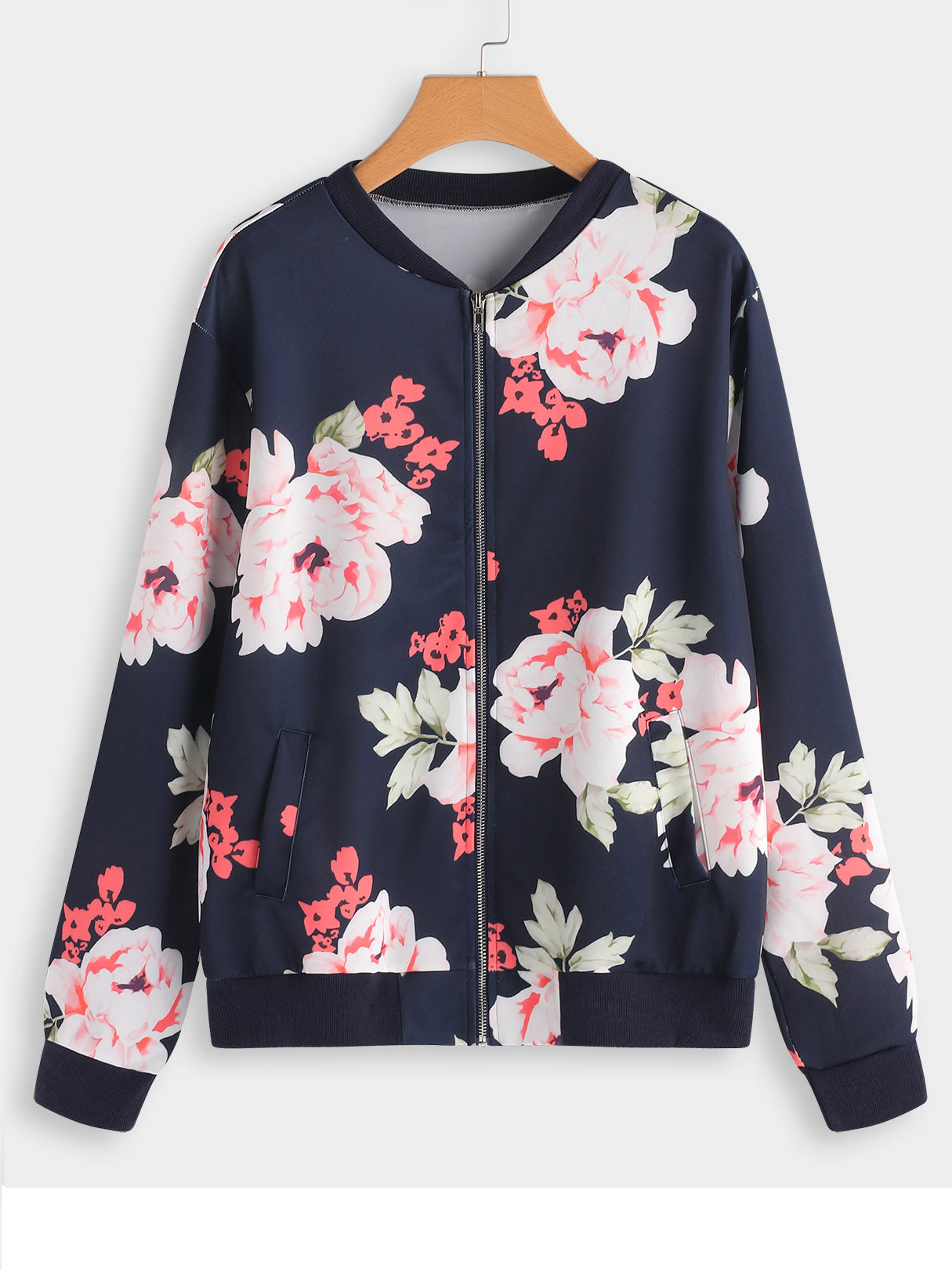 Wholesale V-Neck Floral Print Zip Back Long Sleeve Plus Size Coats & Jackets