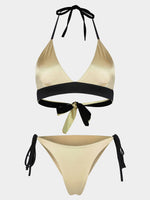 Wholesale Khaki Halter Sleeveless Plain Backless Lace-Up Spaghetti Strap Bikinis