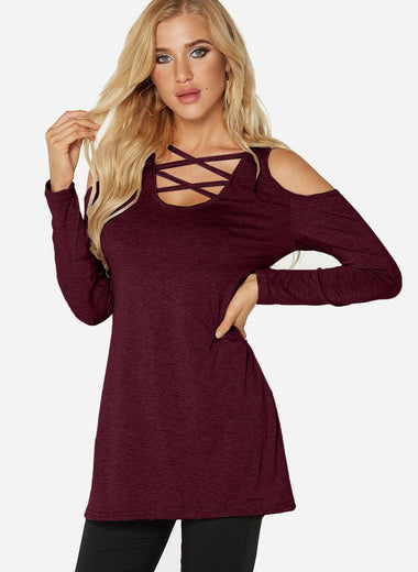 Wholesale Cold Shoulder Plain Cut Out Long Sleeve Burgundy T-Shirts