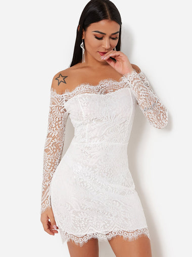 Wholesale White Off The Shoulder Long Sleeve Sheer Lace Dresses