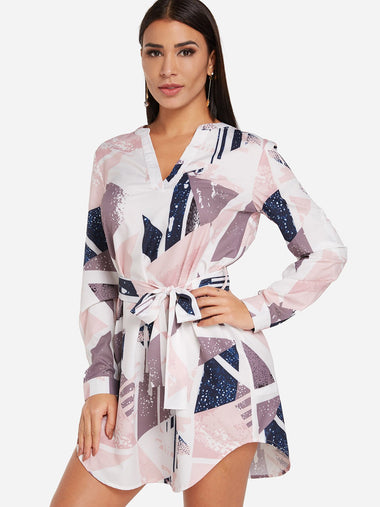 Wholesale White Round Neck Long Sleeve Geometrical Lace-Up Curved Hem Dresses