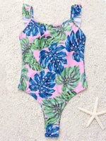 Wholesale Scoop Neck Sleeveless Floral Print Backless Ruffle Trim One-Pieces Swimwears