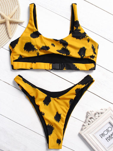 Wholesale Yellow Scoop Neck Sleeveless Leopard Cut Out High Waist 2 Piece Bikinis