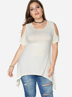 Wholesale Round Neck Cold Shoulder Plain Short Sleeve Irregular Hem Plus Size Tops