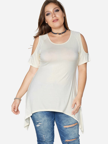 Wholesale Round Neck Cold Shoulder Plain Short Sleeve Irregular Hem Plus Size Tops