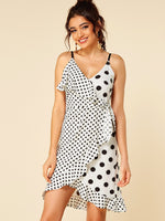 Wholesale White V-Neck Sleeveless Polka Dot Backless Self-Tie Wrap Flounced Hem Dresses