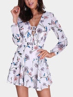 Wholesale Long Sleeve Floral Print Lace-Up Front Mini Dress With Zip Back