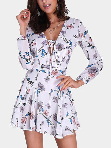 Wholesale Long Sleeve Floral Print Lace-Up Front Mini Dress With Zip Back