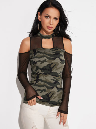 Wholesale Cold Shoulder Camouflage Cut Out Long Sleeve Camouflage T-Shirts