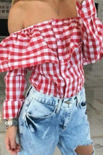 Wholesale Off The Shoulder Grid Long Sleeve Blouses