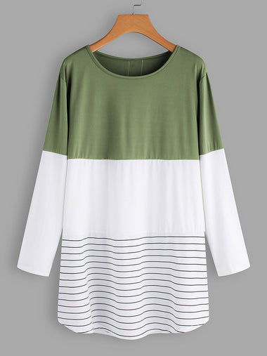 Wholesale Round Neck Stripe Lace Long Sleeve Curved Hem Army Green Plus Size Tops