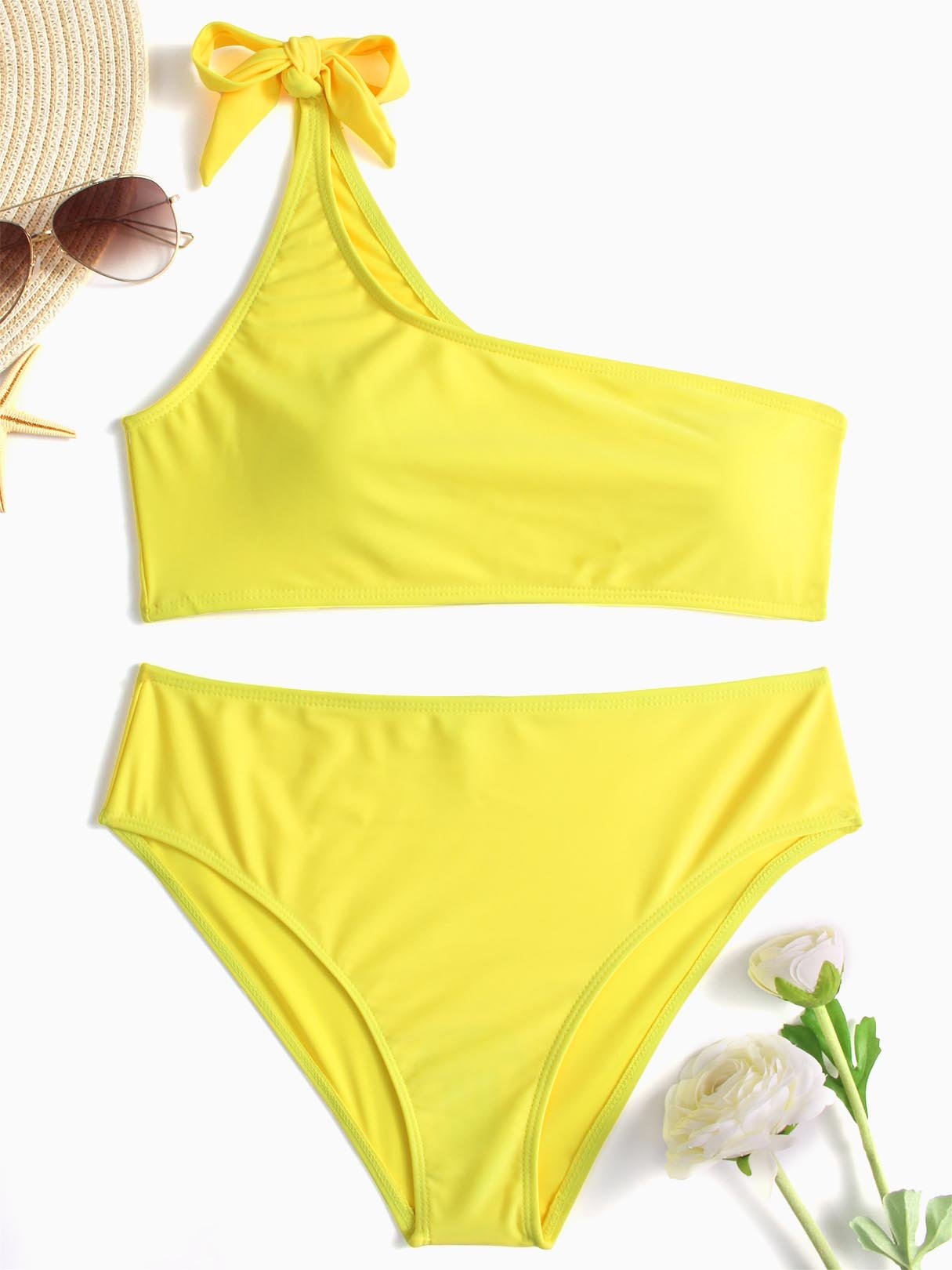 Wholesale Yellow Asymmetrical Sleeveless Plain Tie-Up Two Piece Bikinis