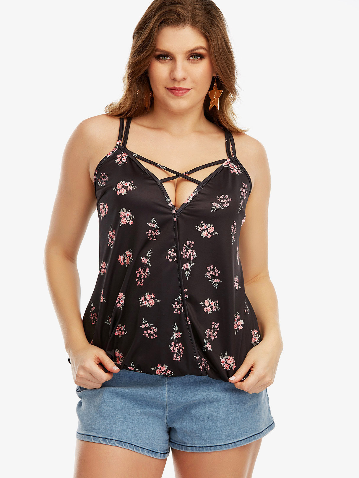 Wholesale V-Neck Floral Print Calico Criss-Cross Sleeveless Black Plus Size Tops