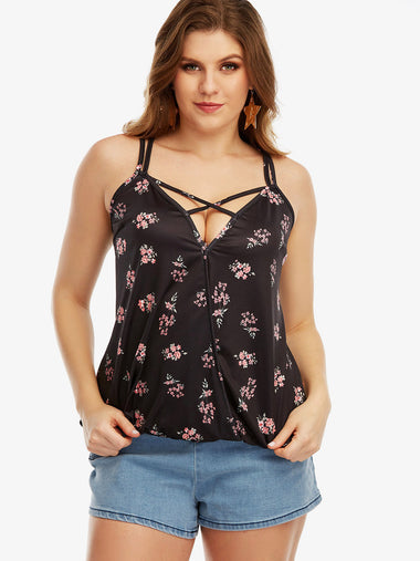 Wholesale V-Neck Floral Print Calico Criss-Cross Sleeveless Black Plus Size Tops