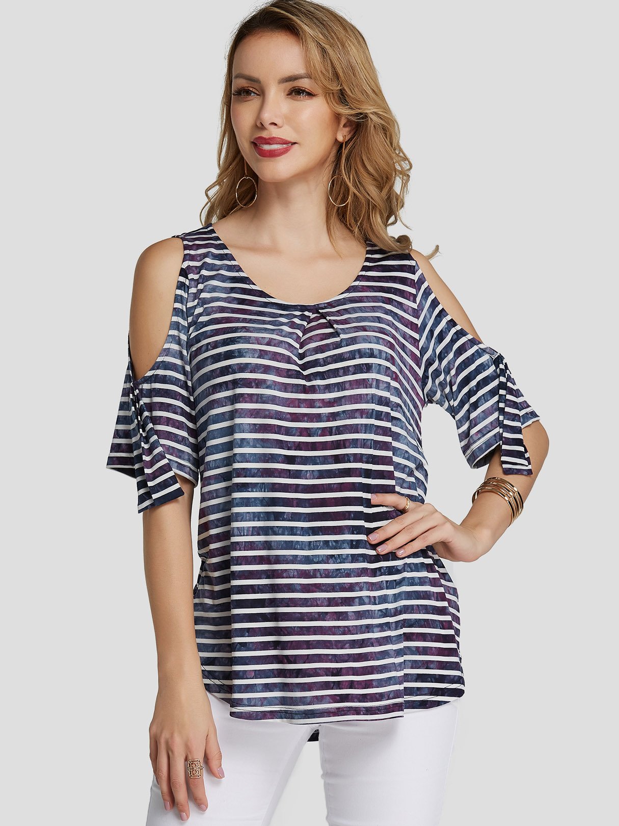 Wholesale Cold Shoulder Stripe Printed Half Sleeve T-Shirts
