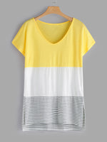 Wholesale Crew Neck Stripe Slit Short Sleeve T-Shirts