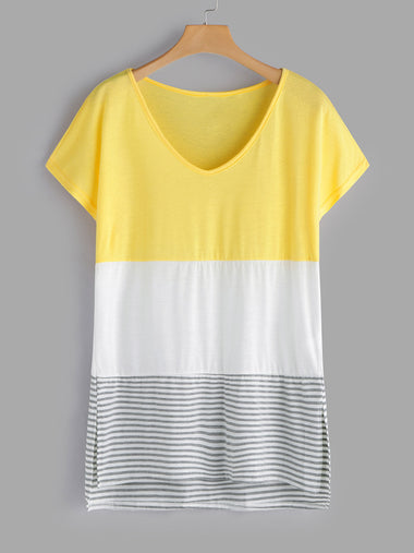 Wholesale Crew Neck Stripe Slit Short Sleeve T-Shirts