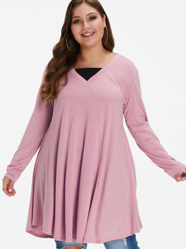 Wholesale V-Neck Plain Pleated Long Sleeve Plus Size Tops