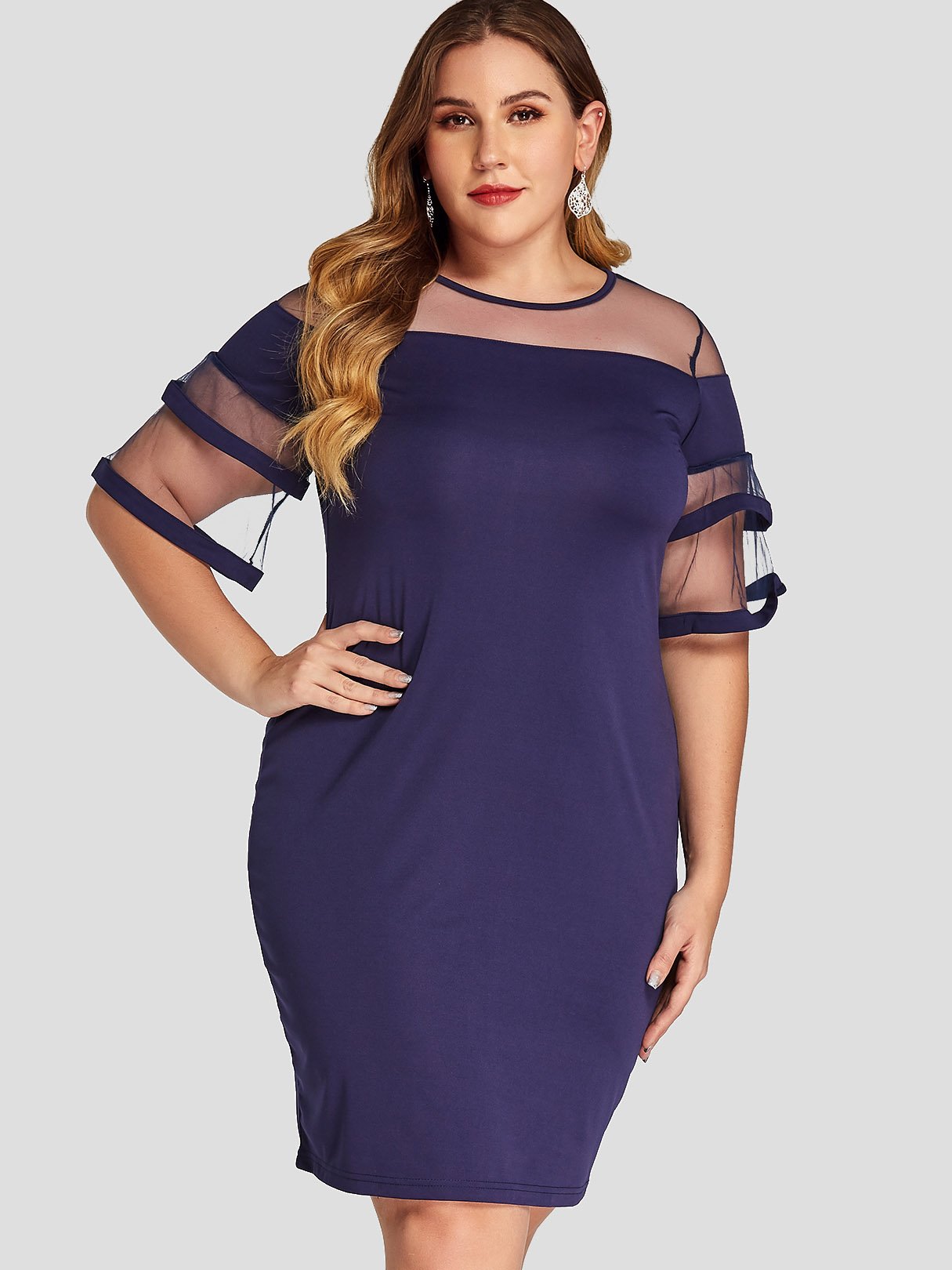 Wholesale Round Neck Short Sleeve Dark Blue Plus Size Dress
