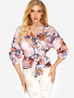 Wholesale V-Neck Floral Print Lace-Up 3/4 Sleeve Blouses