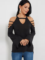 Wholesale Round Neck Cold Shoulder Cut Out Long Sleeve Black Top