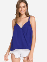 Wholesale V-Neck Plain Crossed Front Spaghetti Strap Sleeveless High-Low Hem Blue Camis