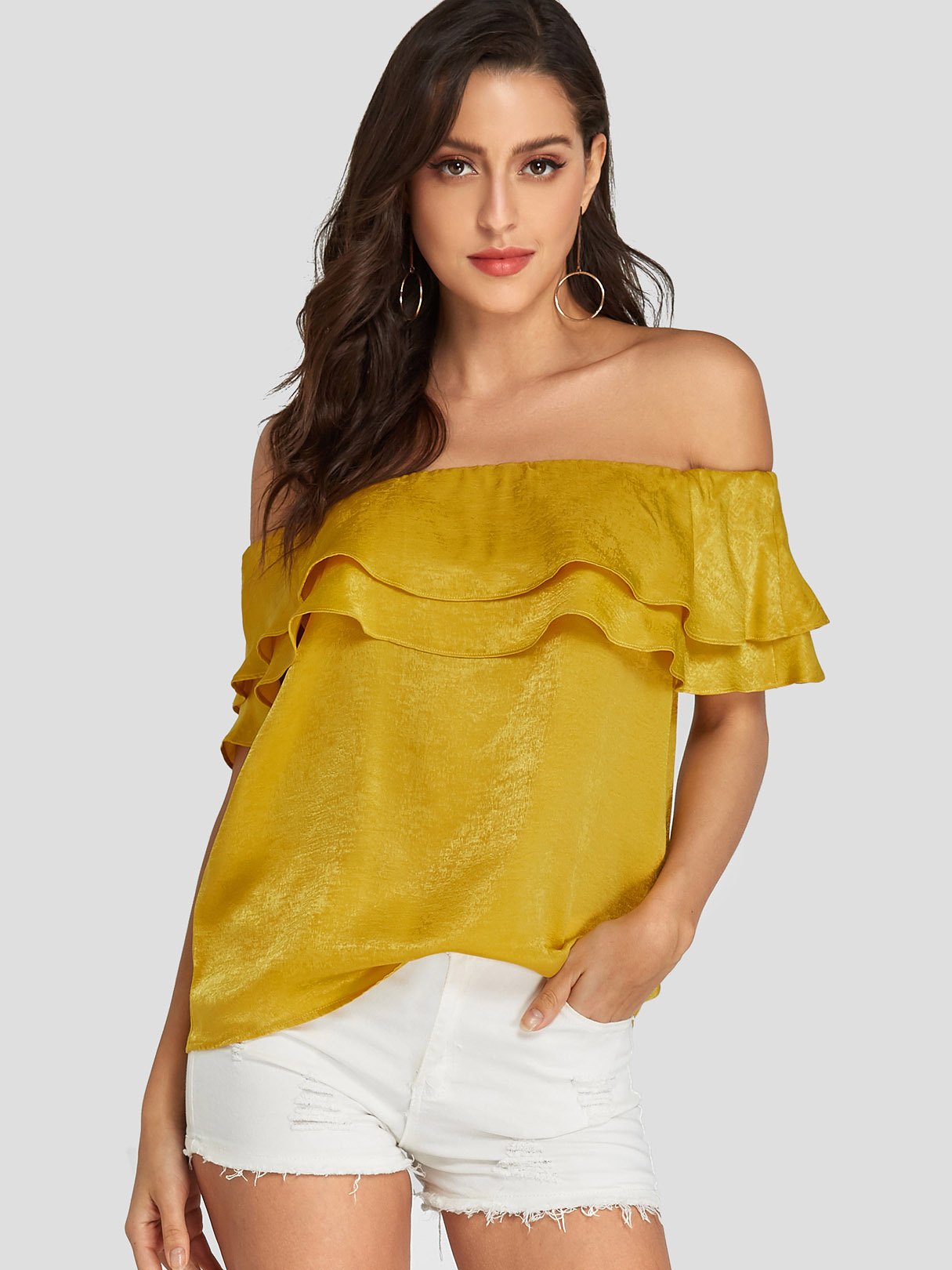 Wholesale Off The Shoulder Plain Short Sleeve Yellow Blouses