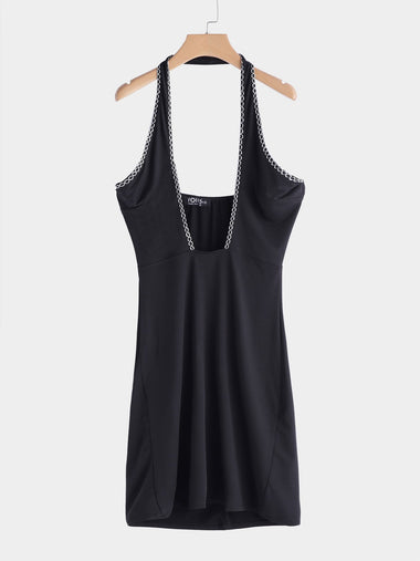 Wholesale Black Halter Sleeveless Plain Crossed Front Backless Cut Out Sexy Dresses