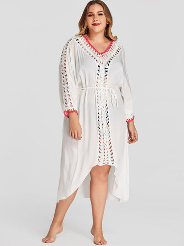 Wholesale Hollow Self-Tie Long Sleeve High-Low Hem White Plus Size Tops