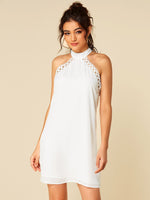 Wholesale White Halter Sleeveless Backless Hollow Self-Tie Casual Dress