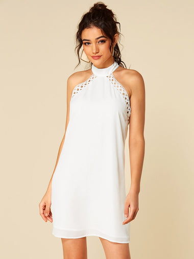 Wholesale White Halter Sleeveless Backless Hollow Self-Tie Casual Dress