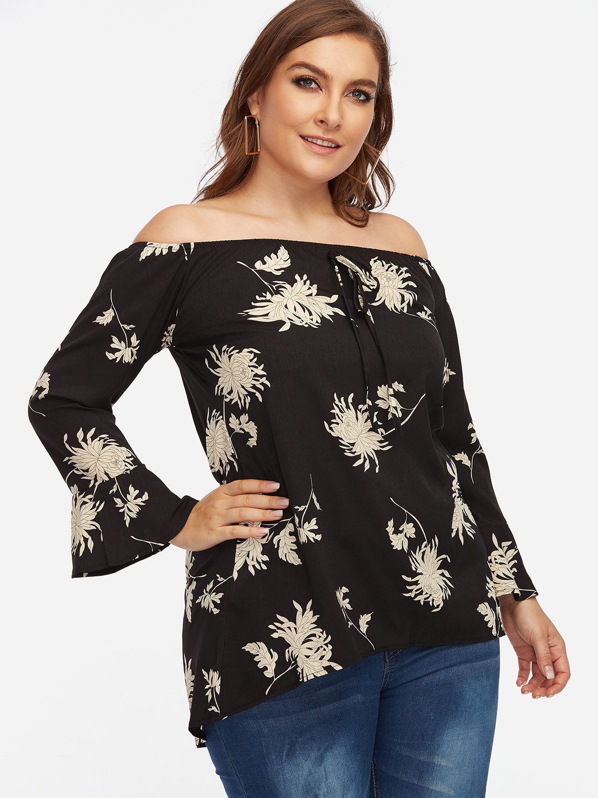 Wholesale Off The Shoulder Floral Print Tie-Up Long Sleeve High-Low Hem Plus Size Tops