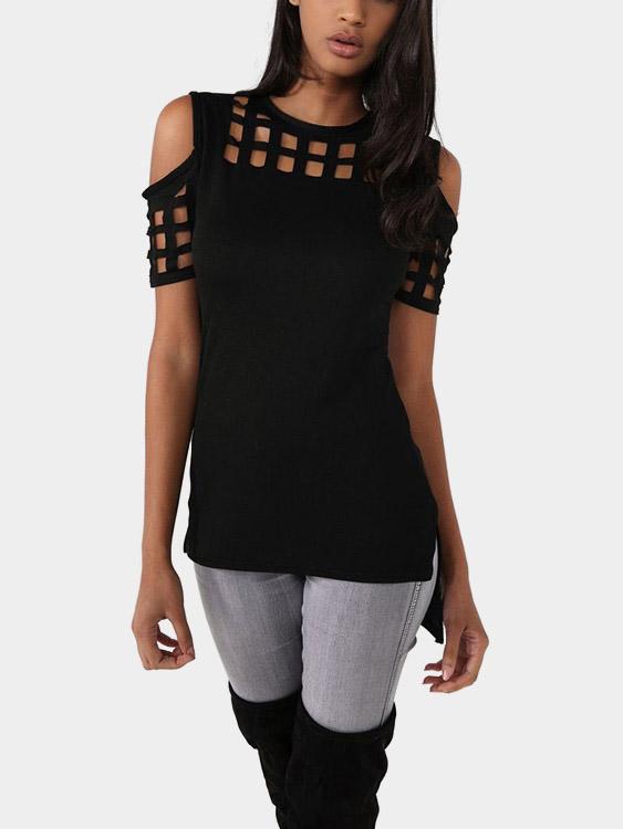 Wholesale Crew Neck Cold Shoulder Cut Out Irregular Hem Black T-Shirts